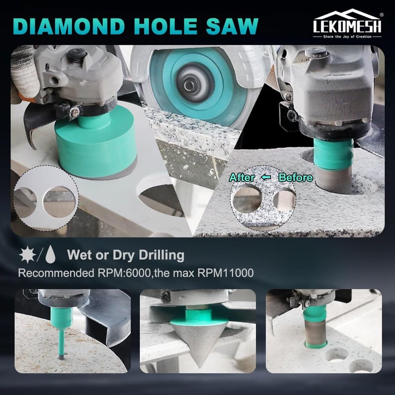 LEKOMESH Tile Hole Saw Kit for Porcelain - (6/8/10/35/50/65mm+Finger Bit+Drilling Milling +Chamfer Bit+Adapter+Tile Blade) Diamond Drill Bits for Ceramic Marble Brick Granite,5/8"-11 Thread - Image 5