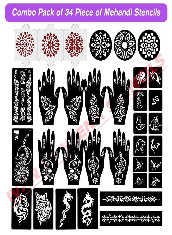 إيفاناز مجموعة إيفانا المكونة من 34 قطعة من قوالب الحناء القابلة لإعادة الاستخدام لليدين والمعصم والجسم والظهر والرقبة والوجه، عبوة كومبو من القوالب للنساء والفتيات والأطفال، سهلة الاستخدام في 4 خطوات فقط، مجموعة تصميم هندي، A2027 - Image 2