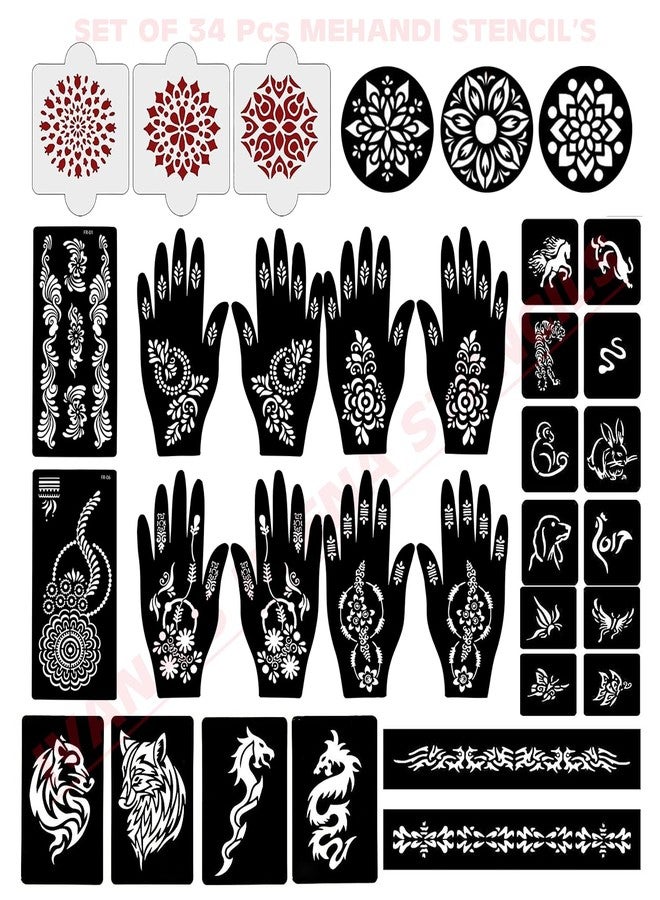 إيفاناز مجموعة إيفانا المكونة من 34 قطعة من قوالب الحناء القابلة لإعادة الاستخدام لليدين والمعصم والجسم والظهر والرقبة والوجه، عبوة كومبو من القوالب للنساء والفتيات والأطفال، سهلة الاستخدام في 4 خطوات فقط، مجموعة تصميم هندي، A2027 - Image 1