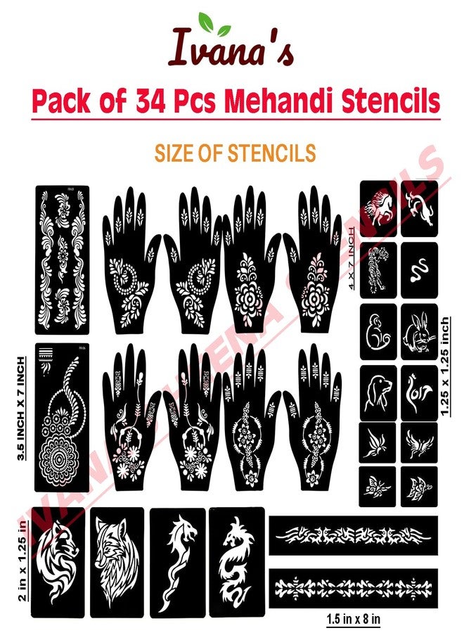 إيفاناز مجموعة إيفانا المكونة من 34 قطعة من قوالب الحناء القابلة لإعادة الاستخدام لليدين والمعصم والجسم والظهر والرقبة والوجه، عبوة كومبو من القوالب للنساء والفتيات والأطفال، سهلة الاستخدام في 4 خطوات فقط، مجموعة تصميم هندي، A2027 - Image 4