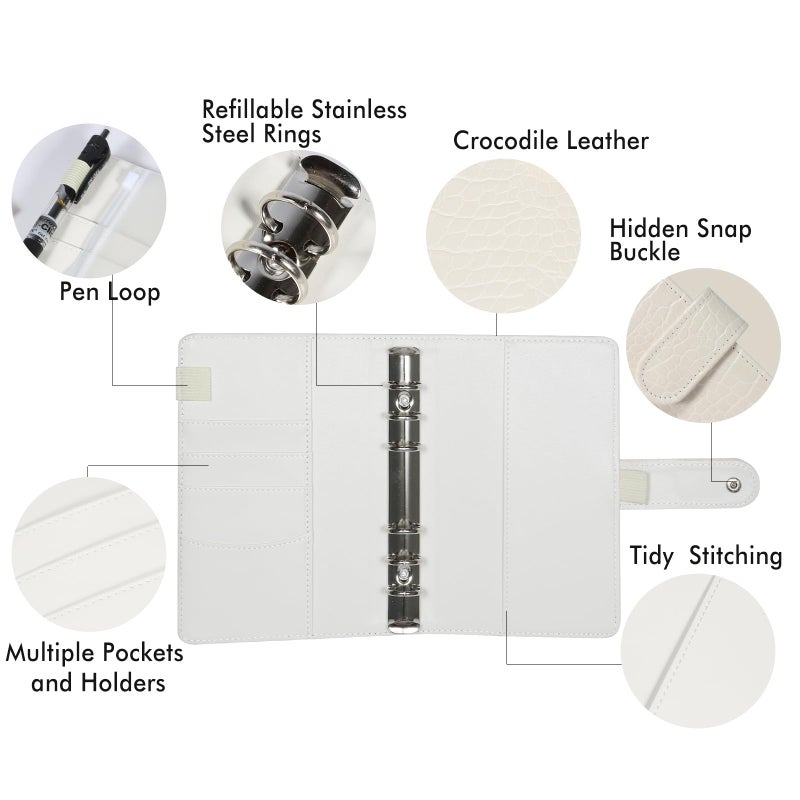eleger A5 6 Ring Binder Cover Crocodile - Large PU Leather Notebook Binder with Hidden Snap Buckle, Refillable Budget Planner, Beige - Image 2