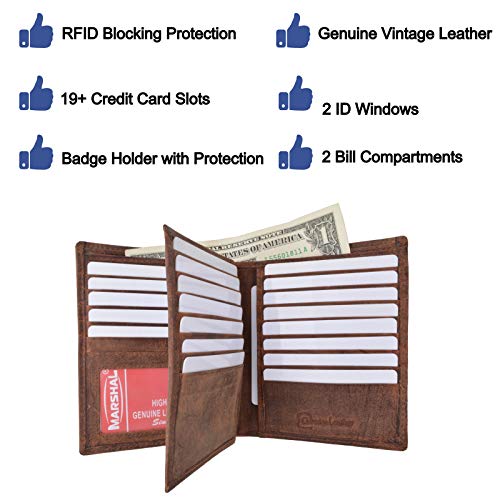 MARSHAL Bifold Leather RFID Blocking Wallet For Men & Women | Genuine Leather Holder With 20 Slots, 2 Bill Compartments & ID Window | Hipster wallet Money, Driver’s License, Travel & More (Vintage) - Image 5