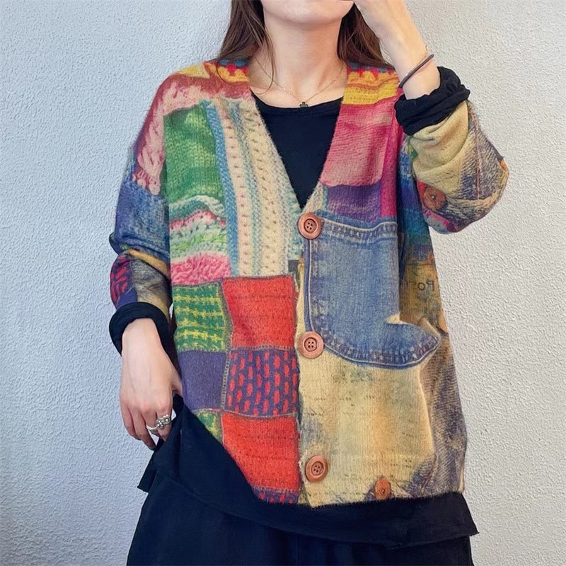 Mink velvet knitted sweater for women 2023 new high-end fashion printing and dyeing cardigan V-neck loose outer top for women Autumn 1 