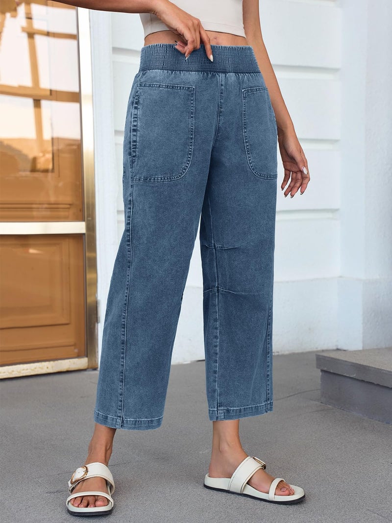 Cicy Bell Womens Smocked Barrel Jeans Casual Trendy High Waisted Baggy Pull On Denim Pants Light Blue - Image 2