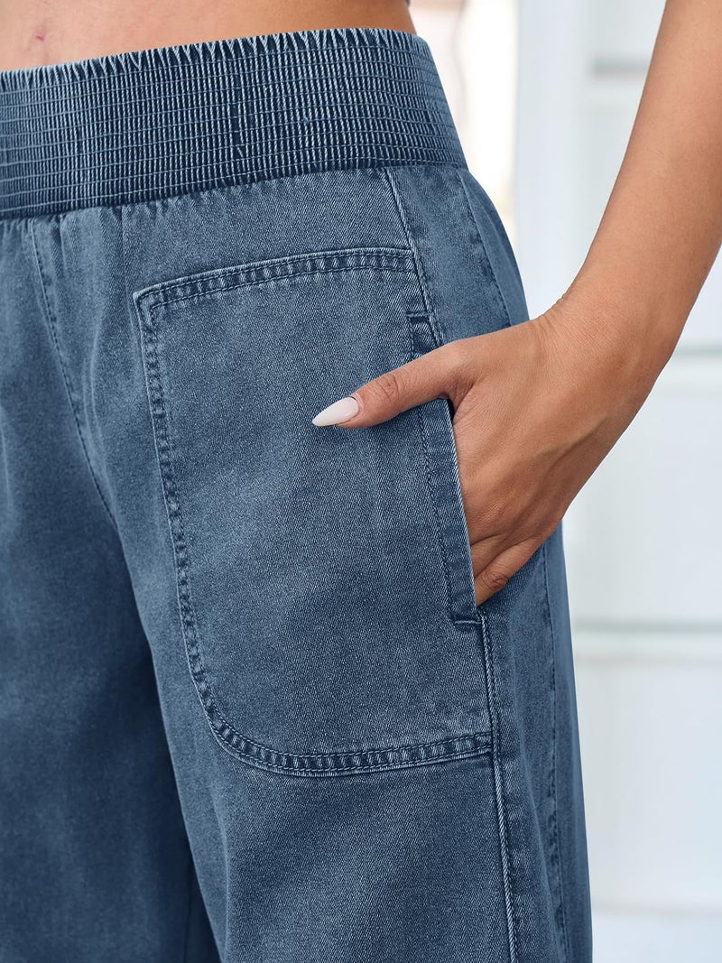 Cicy Bell Womens Smocked Barrel Jeans Casual Trendy High Waisted Baggy Pull On Denim Pants Light Blue - Image 4