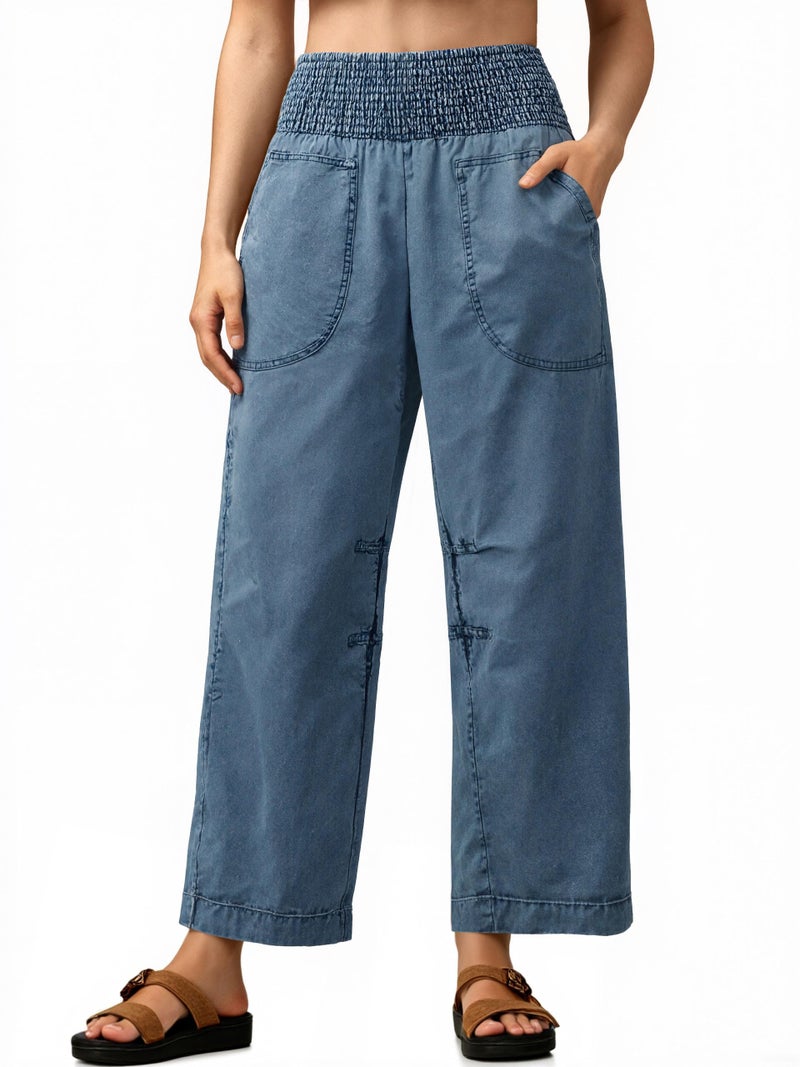 Cicy Bell Womens Smocked Barrel Jeans Casual Trendy High Waisted Baggy Pull On Denim Pants Light Blue - Image 1