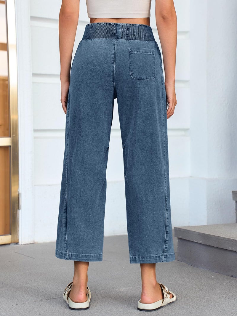 Cicy Bell Womens Smocked Barrel Jeans Casual Trendy High Waisted Baggy Pull On Denim Pants Light Blue - Image 3