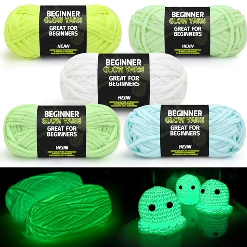 HEJIN 5x50g Glow in The Dark Yarn Set for Crocheting and Knitting; 5x51m (60yds) Yarn for Beginners with Easy-to-See Stitches; Worsted-Weight Medium #4; Beginners Crochet Kit - Image 1