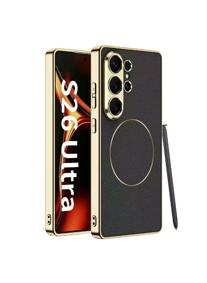 for Samsung Galaxy S26 Ultra Magnetic Electro Leather Precision Hole Phone Case, Compatible with Samsung Galaxy S26 Ultra Wireless Charging Protective Phone Case. Black - Image 1