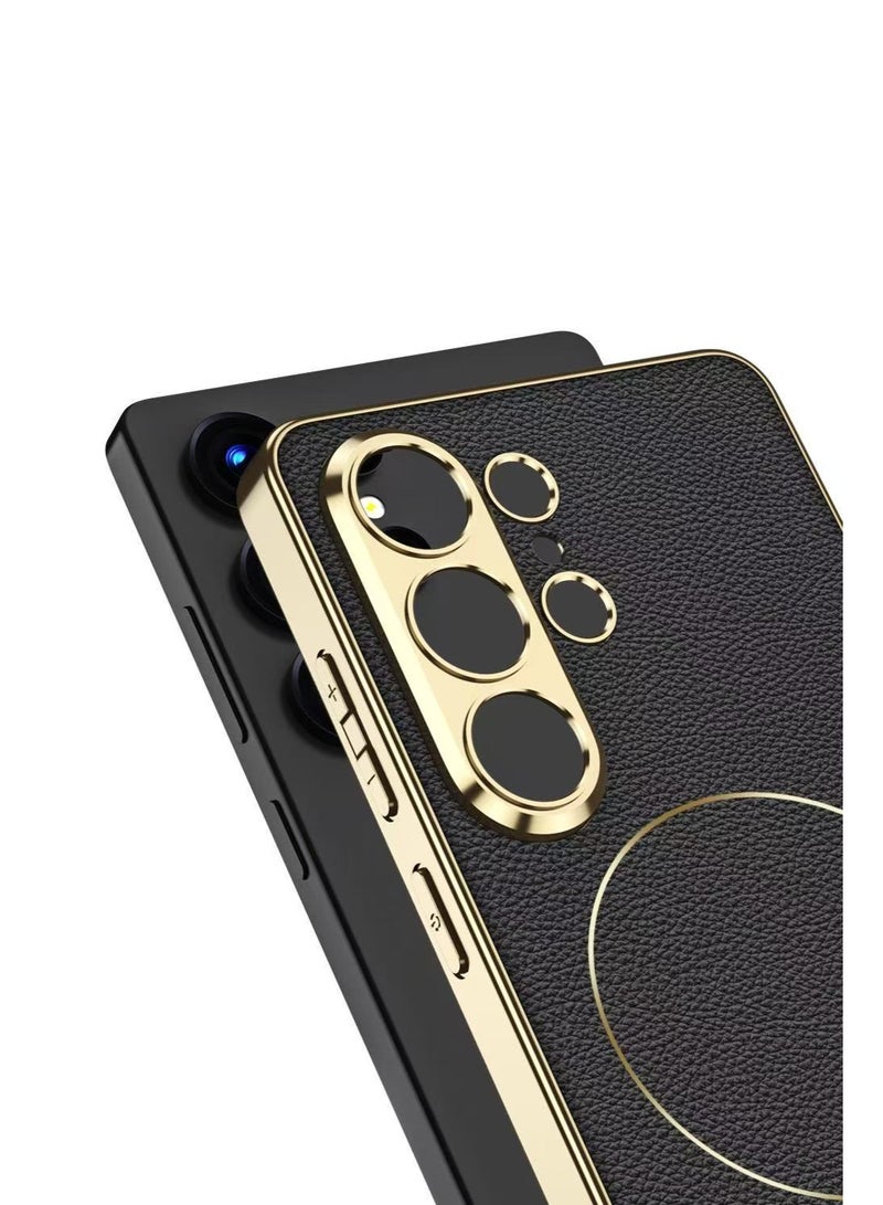 for Samsung Galaxy S26 Ultra Magnetic Electro Leather Precision Hole Phone Case, Compatible with Samsung Galaxy S26 Ultra Wireless Charging Protective Phone Case. Black - Image 3