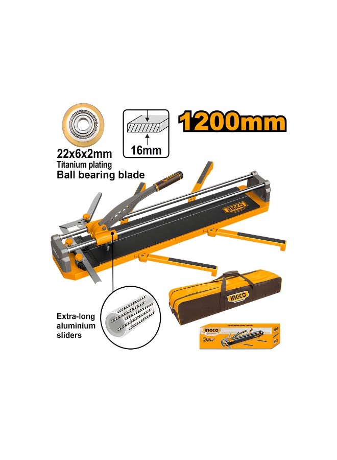 INGCO 1200mm Manual Tile Cutter | 16mm Max Cutting Thickness | Tungsten Carbide Ball Bearing Blade | 1420×200mm Steel Base | Extra-Long Aluminum Sliders | Carrying Bag - Image 2