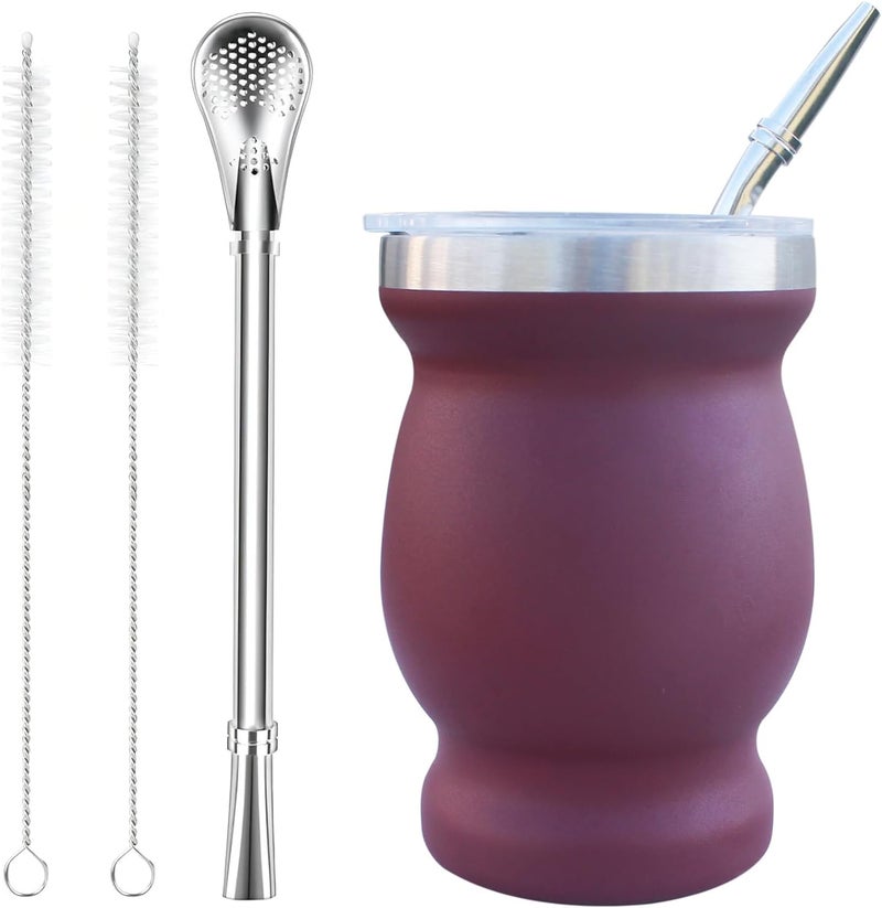 Beruth Bombilla Yerba Mate Gourd, 8oz Stainless Steel Tea Cup Set with a Multifunctional Lid, Two Straws and Cleaning Brushes, Double Walled Coffee Mug Heat Insulation Anti Scalding (Burgundy) - Image 1
