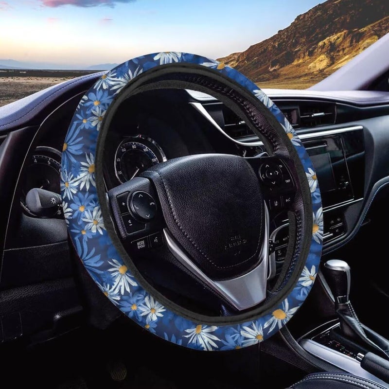 Car Steering Wheel Cover for Women and Men,Non-Slip Breathable Steering Wheel,Universal 14.5"-15" Fit for Cars and SUVs(Blue Daisies) - Image 1