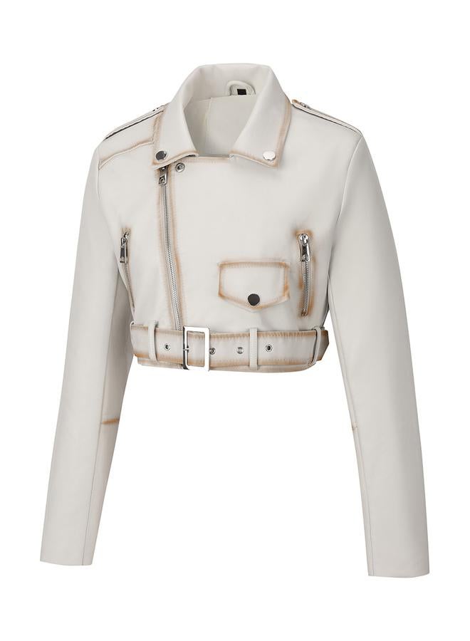 تايك تو جاكيت بايكر قصير أبيض بحزام - Image 4