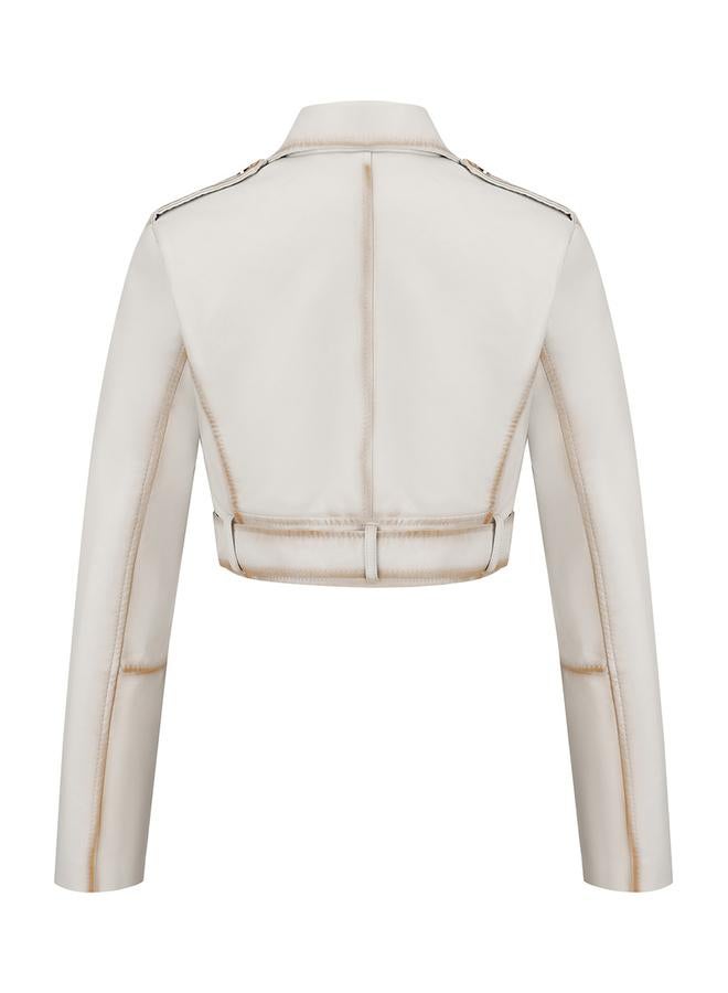تايك تو جاكيت بايكر قصير أبيض بحزام - Image 3