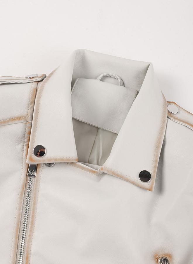 تايك تو جاكيت بايكر قصير أبيض بحزام - Image 5