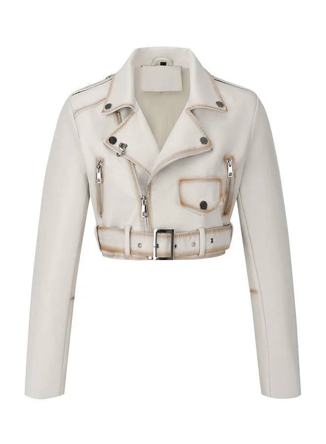 Take Two White Cropped Biker Jacket with Belt