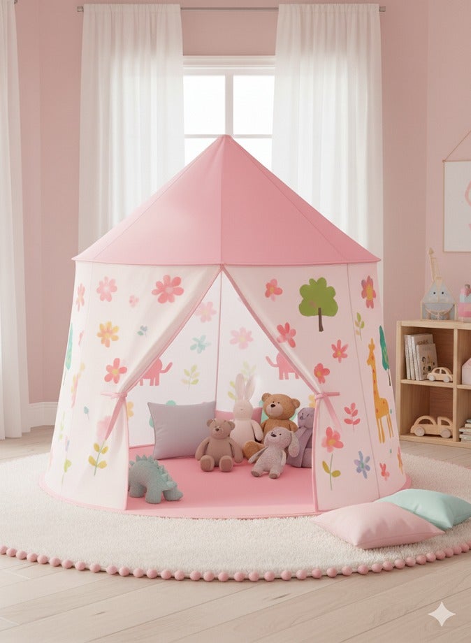 ليفي خيمة لعب للأطفال، بيت لعب على شكل قلعة كرتونية للأطفال، بيت لعب قابل للطي للاستخدام الداخلي والخارجي مع طبعات زهور وحيوانات لطيفة، خفيف الوزن وسهل التجميع، 125 × 90 × 125 سم - Image 2