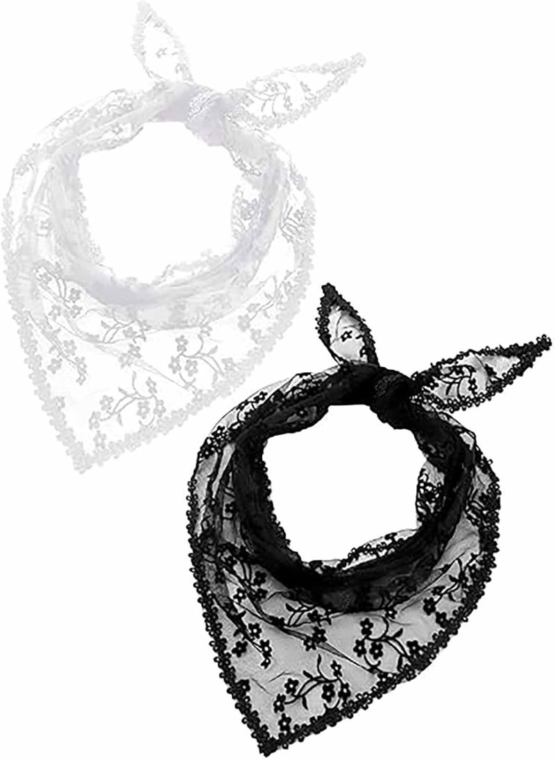 Tazweeq 2 Piece Vintage Lace Triangle Neck Scarf Set - Black and White - Image 1