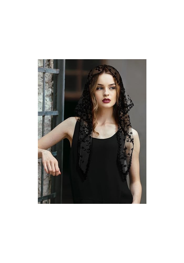 Tazweeq 2 Piece Vintage Lace Triangle Neck Scarf Set - Black and White - Image 3