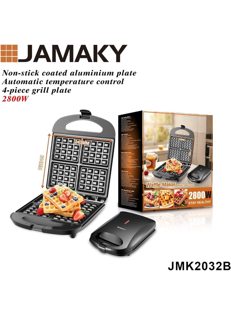 Jamaky Italy صانعة الوافل الجامبو الكهربائية من جاماكي، ٢٨٠٠ واط، ٤ قطع، لوحة ألومنيوم غير لاصقة، تحكم تلقائي في درجة الحرارة، لون أسود، JMK2032B - Image 1