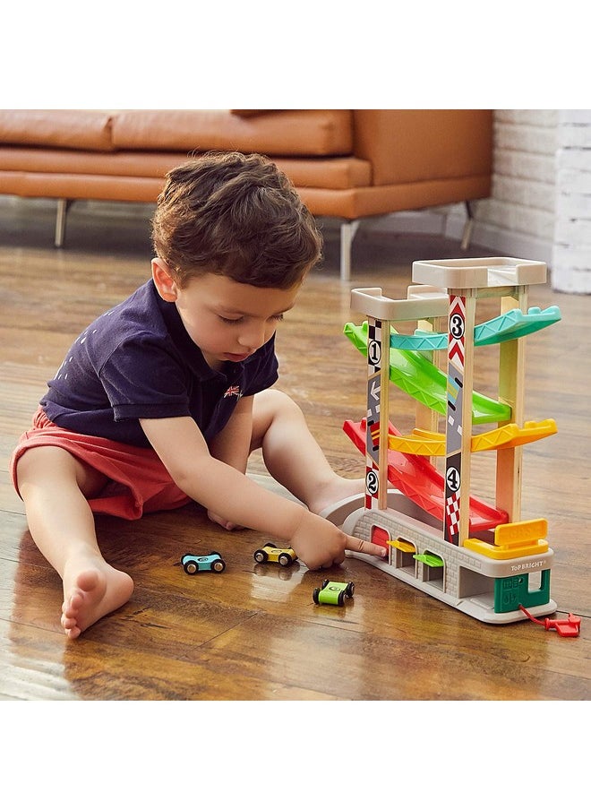 TOP BRIGHT TOP BRIGHT Car Ramp Toy for 2 3 Year Old Boy Gifts, Toddler Race Track Toy for 18 Month Old with 4 Wooden Cars and 3 Car Garage  - Image 3