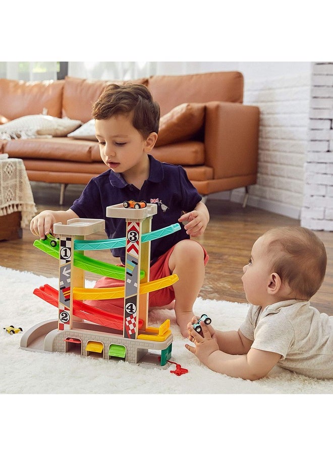 TOP BRIGHT TOP BRIGHT Car Ramp Toy for 2 3 Year Old Boy Gifts, Toddler Race Track Toy for 18 Month Old with 4 Wooden Cars and 3 Car Garage  - Image 2