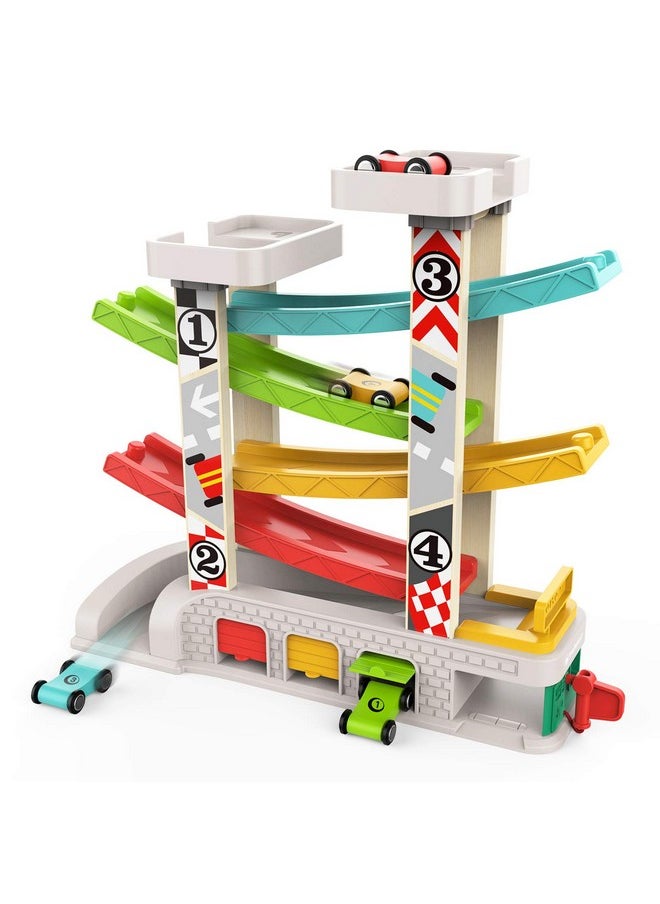 TOP BRIGHT TOP BRIGHT Car Ramp Toy for 2 3 Year Old Boy Gifts, Toddler Race Track Toy for 18 Month Old with 4 Wooden Cars and 3 Car Garage  - Image 1