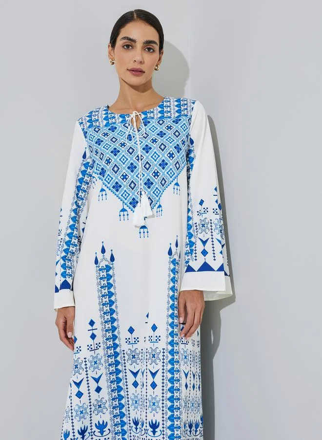 Styli Blue and White Geometric Print Long Sleeves Maxi Jalabiya