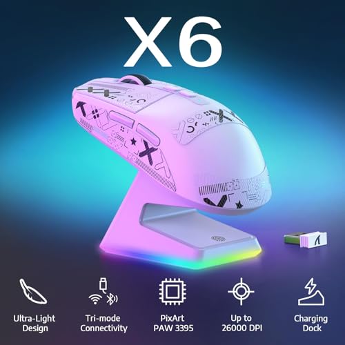 MAMBASNAKE Attack Shark X6 Wireless Gaming Mouse,RGB Magnetic Charging Dock,X3 Upgrade, 49g Ultralight 2.4GHz/BT5.2/USB-C Tri-Mode,PAW3395 Sensor 26KDPI,G502 Programmable Mice for Win/Mac-White&Tape - Image 2