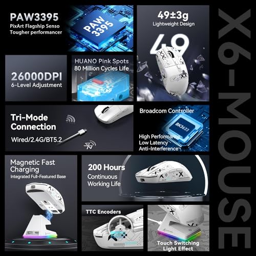 MAMBASNAKE Attack Shark X6 Wireless Gaming Mouse,RGB Magnetic Charging Dock,X3 Upgrade, 49g Ultralight 2.4GHz/BT5.2/USB-C Tri-Mode,PAW3395 Sensor 26KDPI,G502 Programmable Mice for Win/Mac-White&Tape - Image 3