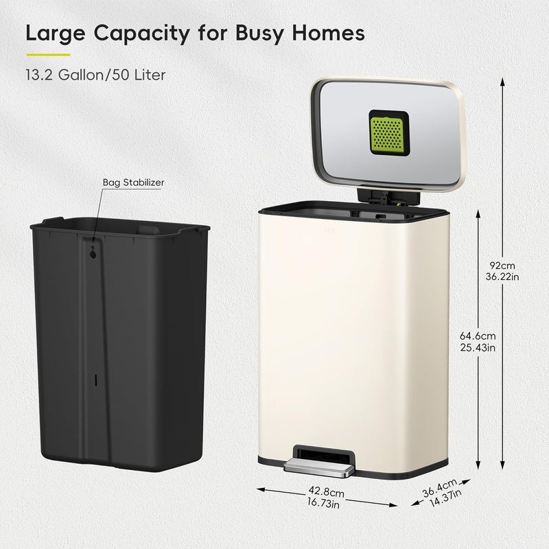 EKO Madison Vanilla Steel 50 Liter/13.2 Gallon Step Trash Can with Inner Liner - Fingerprint Resistant Finish - Image 2