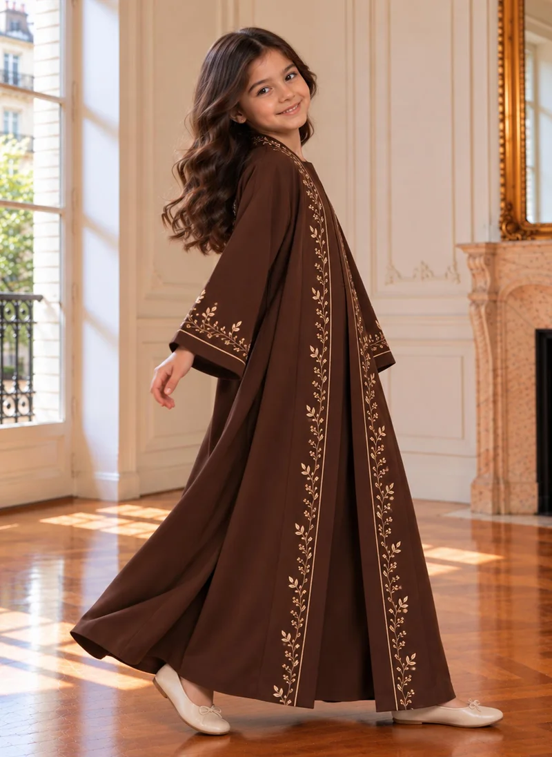 MSquare Fashion Girls Brown Abaya with Golden Hand Embroidery | Kids Abaya with Chiffon Hijab