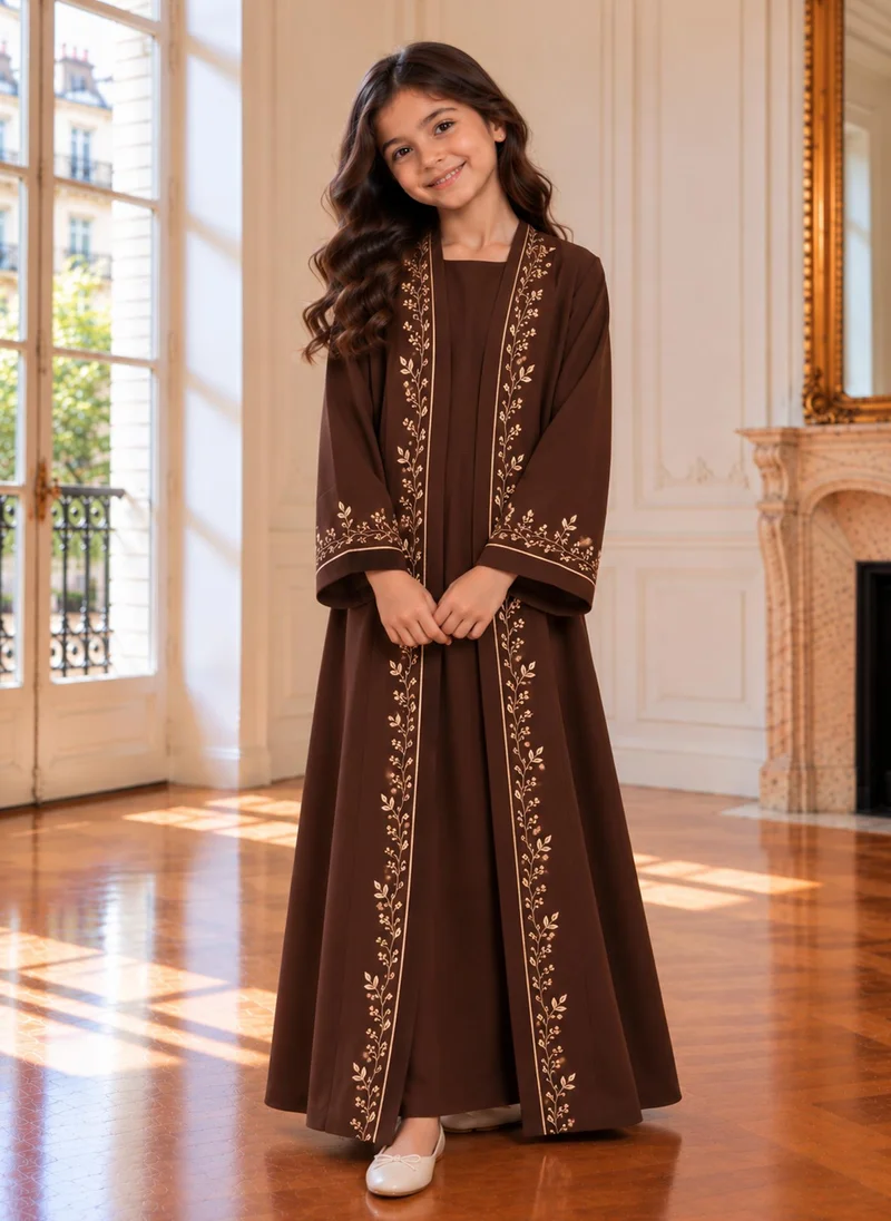 MSquare Fashion Girls Brown Abaya with Golden Hand Embroidery | Kids Abaya with Chiffon Hijab