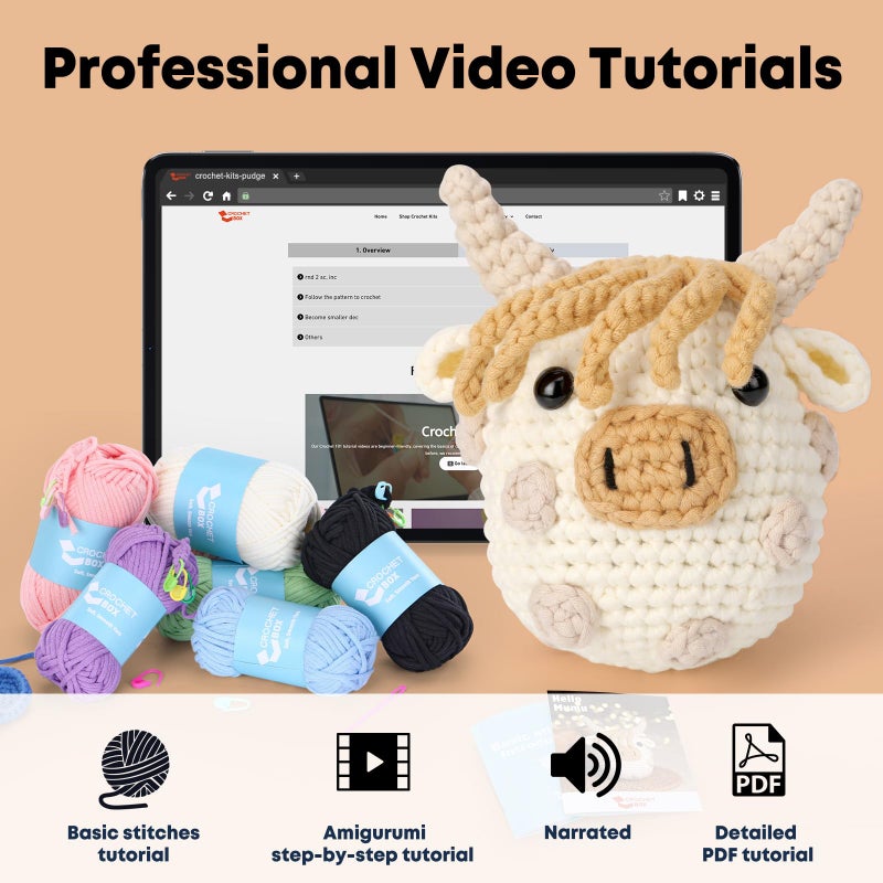 CrochetBox Crochet Kit for Beginners Adults - Polka Dot Highland Cow Starters Crochet Kit, Crocheting Kitting for Adults Teen, Craft Gifts with Crochets Yarns, Hook, Step-by-Step Video, Instruction - Image 4