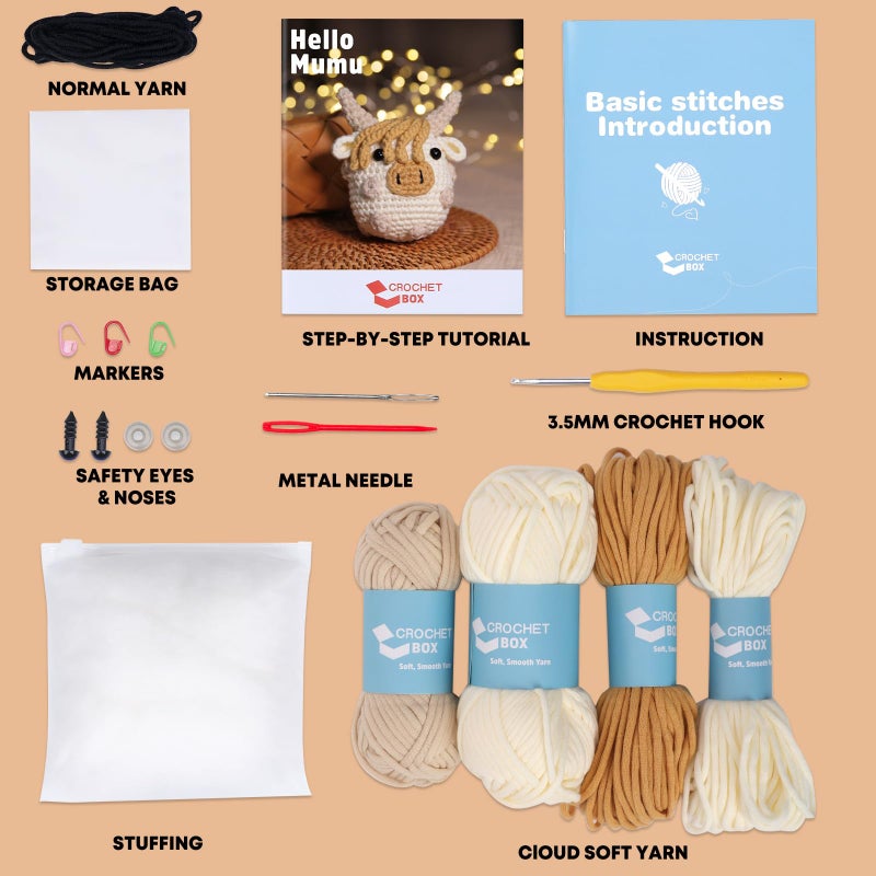 CrochetBox Crochet Kit for Beginners Adults - Polka Dot Highland Cow Starters Crochet Kit, Crocheting Kitting for Adults Teen, Craft Gifts with Crochets Yarns, Hook, Step-by-Step Video, Instruction - Image 3