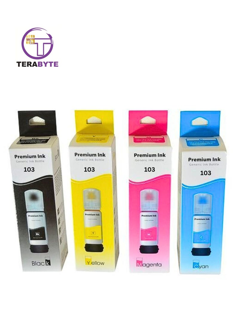 Terabyte - 103 printer ink for EPSON for EcoTank ink Combo Set Full-Pack of 4 (Black Cyan Magenta Yellow) for L1110‎ L3110 L3111 L3150 L3151‎ L3156 L3160 L5190‎ compatible - Image 1