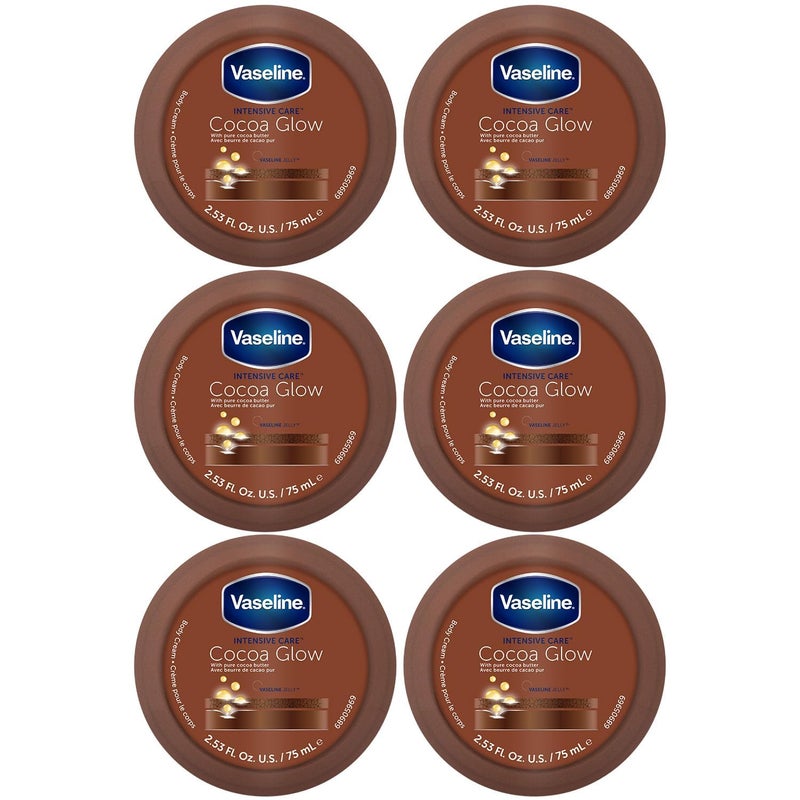Vaseline كريم الجسم فازلين كاكاو جلو 6 عبوات - زبدة كاكاو نقية 48 ساعة ترطيب للبشرة الجافة، حجم سفر، 2.53 أونصة سائلة لكل عبوة - Image 1