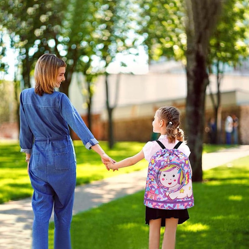 Proberos حقيبة سباحة للأطفال، حقيبة ظهر مقاومة للماء بحبل سحب، مع قسم للأحذية، حقيبة ظهر بطباعة كرتونية من البوليستر، حقيبة سفر للأطفال، حقيبة سباحة، حقيبة نشاط، وردية - Image 5