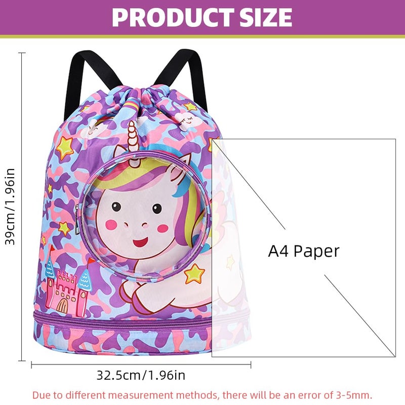 Proberos حقيبة سباحة للأطفال، حقيبة ظهر مقاومة للماء بحبل سحب، مع قسم للأحذية، حقيبة ظهر بطباعة كرتونية من البوليستر، حقيبة سفر للأطفال، حقيبة سباحة، حقيبة نشاط، وردية - Image 2