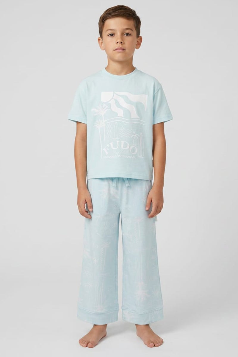 Fudo Lounge By Fudo Kids Boy 2 Pieces Graphic Print T-Shirt And Bottom Pyjama Set, Light Blue - Image 1