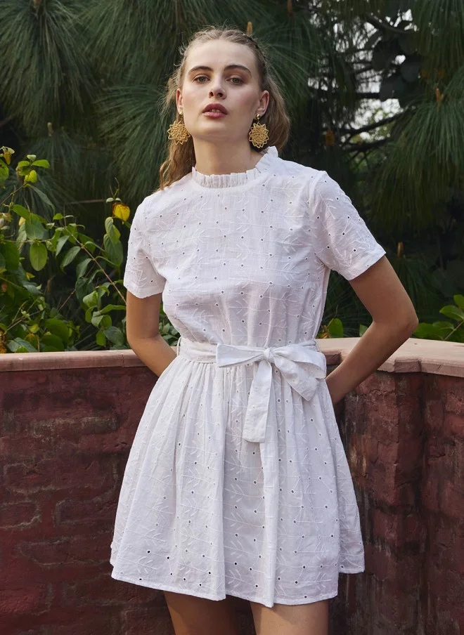SASSAFRAS White Embroidered Fit & Flare Dress for Women