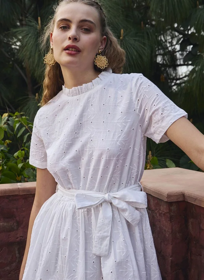 SASSAFRAS White Embroidered Fit & Flare Dress for Women
