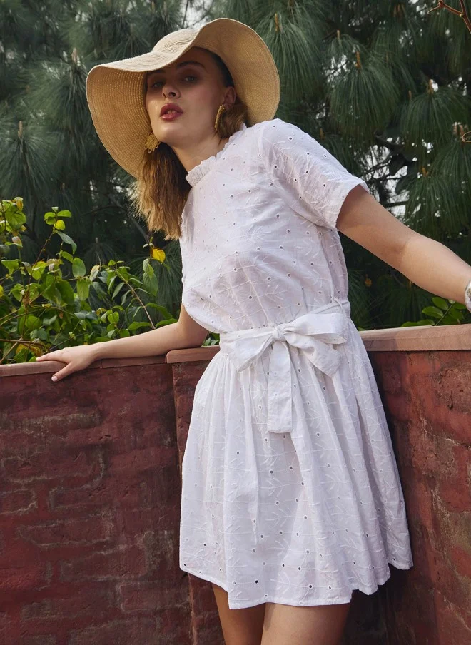 SASSAFRAS White Embroidered Fit & Flare Dress for Women