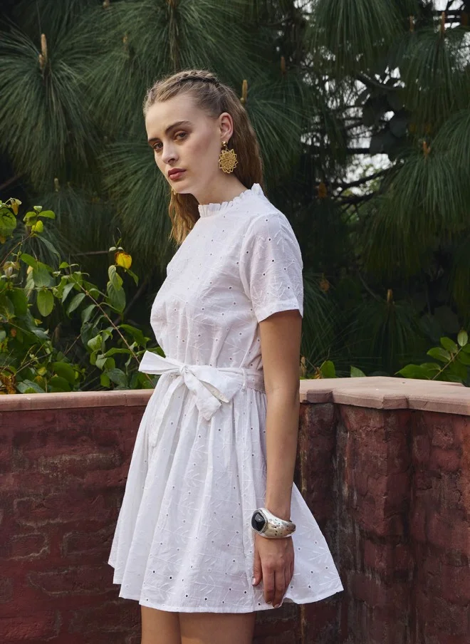 SASSAFRAS White Embroidered Fit & Flare Dress for Women