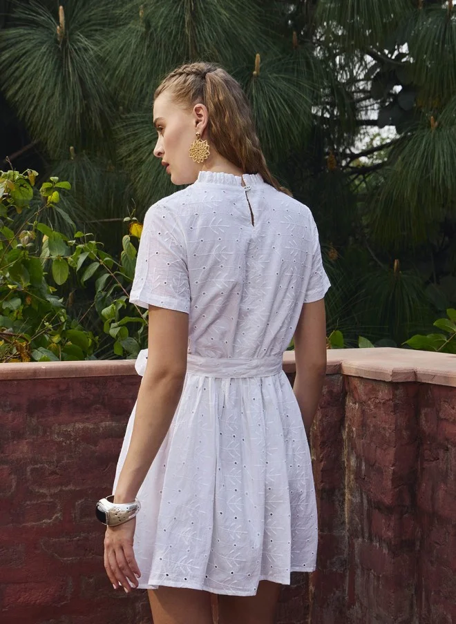 SASSAFRAS White Embroidered Fit & Flare Dress for Women