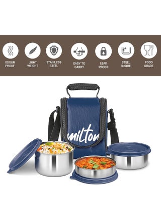 Milton Stainless Steel Lunch Box Tiffin for Kids and Adult – 3 Leakproof Food Containers (210 ml, 340 ml, 500ml) with Fabric Jacket for Office, School, College and Picnic, لانش بوكس Tasty, Blue - view 2