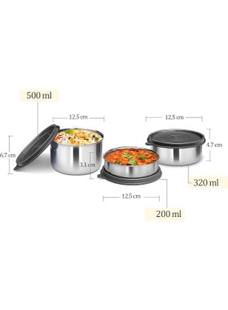 Milton Stainless Steel Lunch Box Tiffin for Kids and Adult – 3 Leakproof Food Containers (210 ml, 340 ml, 500ml) with Fabric Jacket for Office, School, College and Picnic, لانش بوكس Tasty, Blue - view 5