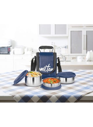 Milton Stainless Steel Lunch Box Tiffin for Kids and Adult – 3 Leakproof Food Containers (210 ml, 340 ml, 500ml) with Fabric Jacket for Office, School, College and Picnic, لانش بوكس Tasty, Blue - view 4