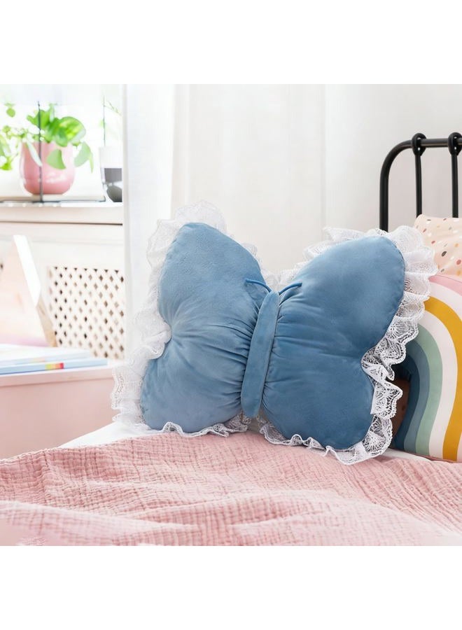 PEACH CAT وسادة على شكل فراشة مع حواف دانتيل وسادة زخرفية على شكل فراشة 16" × 16" وسادة ناعمة فاخرة للديكور لغرفة النوم وغرفة المعيشة والأريكة باللون الأزرق - Image 3